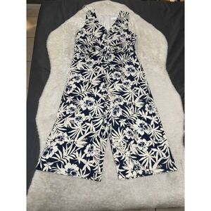 Signature Floral Romper Womens Size 10 Linen V Neck Wide‎ Leg Jumpsuit Palazzo